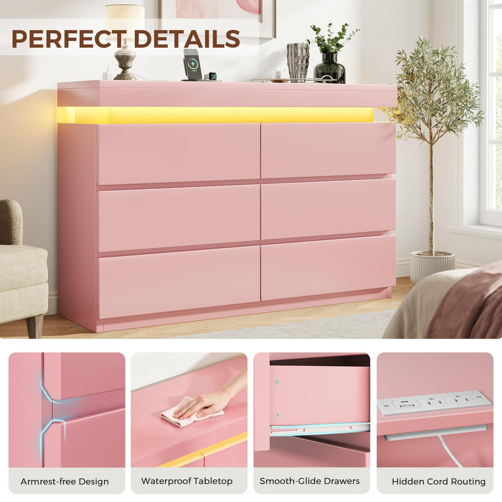 6 Drawer Dresser with LED Lights and Charging Station, Modern Pink Dresser