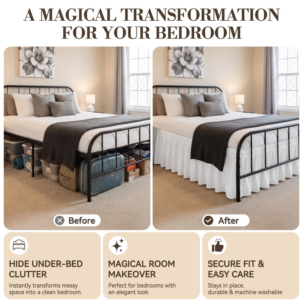 King Bed Skirt 21 Inch Drop, Elastic Wrap Around with Split Corners