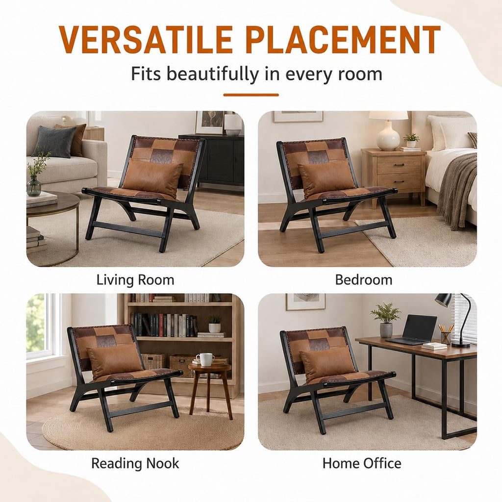 Modern Boho Accent Chair, Mid Century Lounge Chair with Solid Wood Frame, PU Leather Side Chair, Designer Small