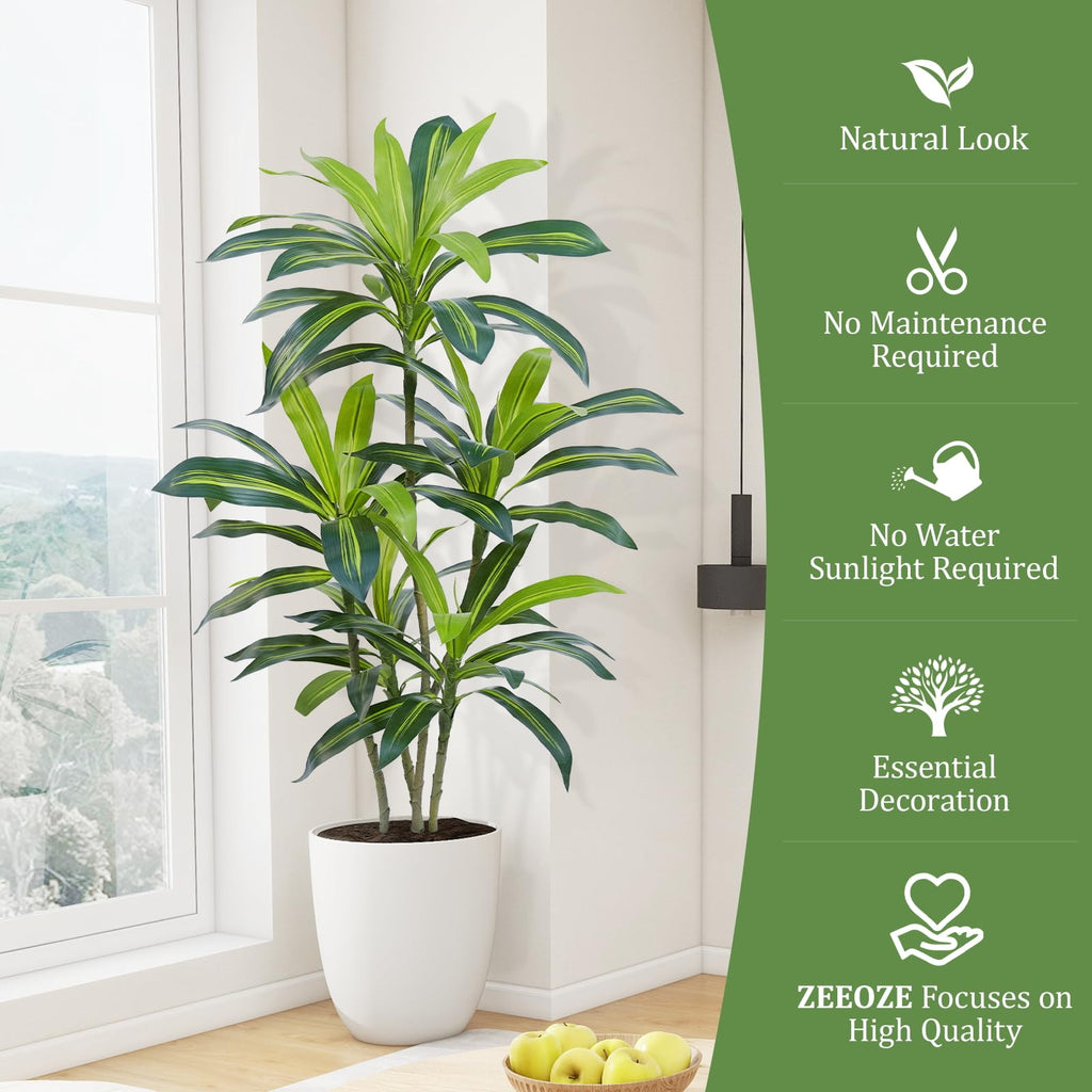 Dracaena Plant Artificial Tree 4Ft Tall Fake Tropical Floor Plants Potted (Real Touch) Artificial Silk Tree Leaf Faux