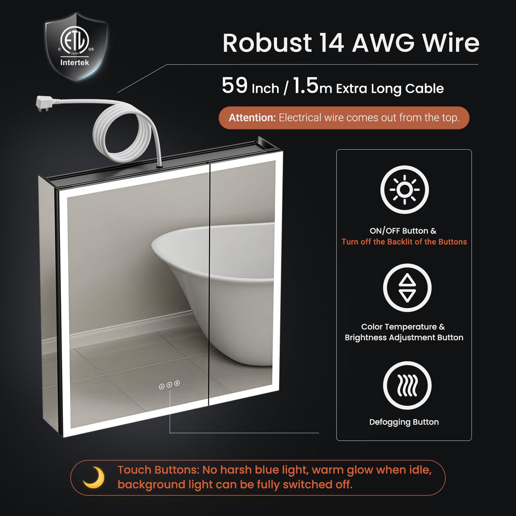 30x32 Two Doors Black Led Medicine Cabinet Mirror