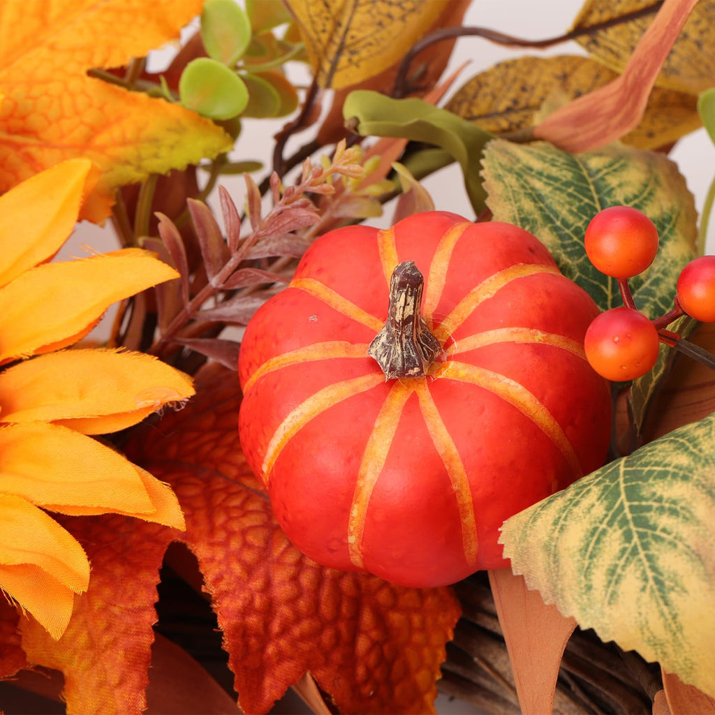 Fall Wreaths for Front Door 24 Inch Artificial Fall Wreath with Orange Pumpkins Berries Maple Leaves and Grapevine