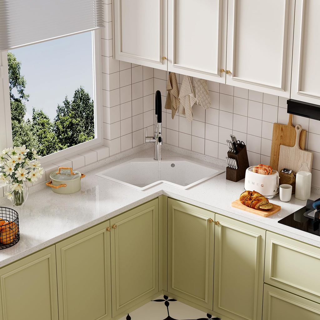 25-Inch White Undermount Corner Kitchen Sink - Irregular Quartz Single Bowl Sink for Modern Kitchens