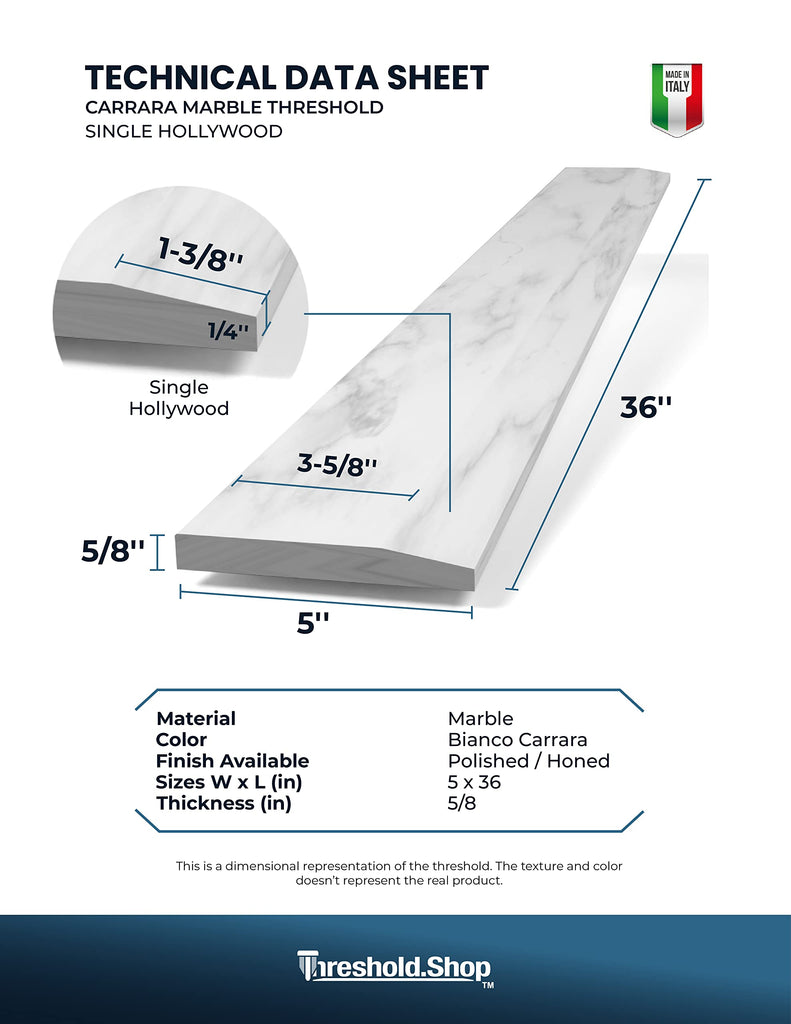 Single Hollywood Carrara Marble Threshold for Floor Transitions (Marble Polished, 5" x 36")
