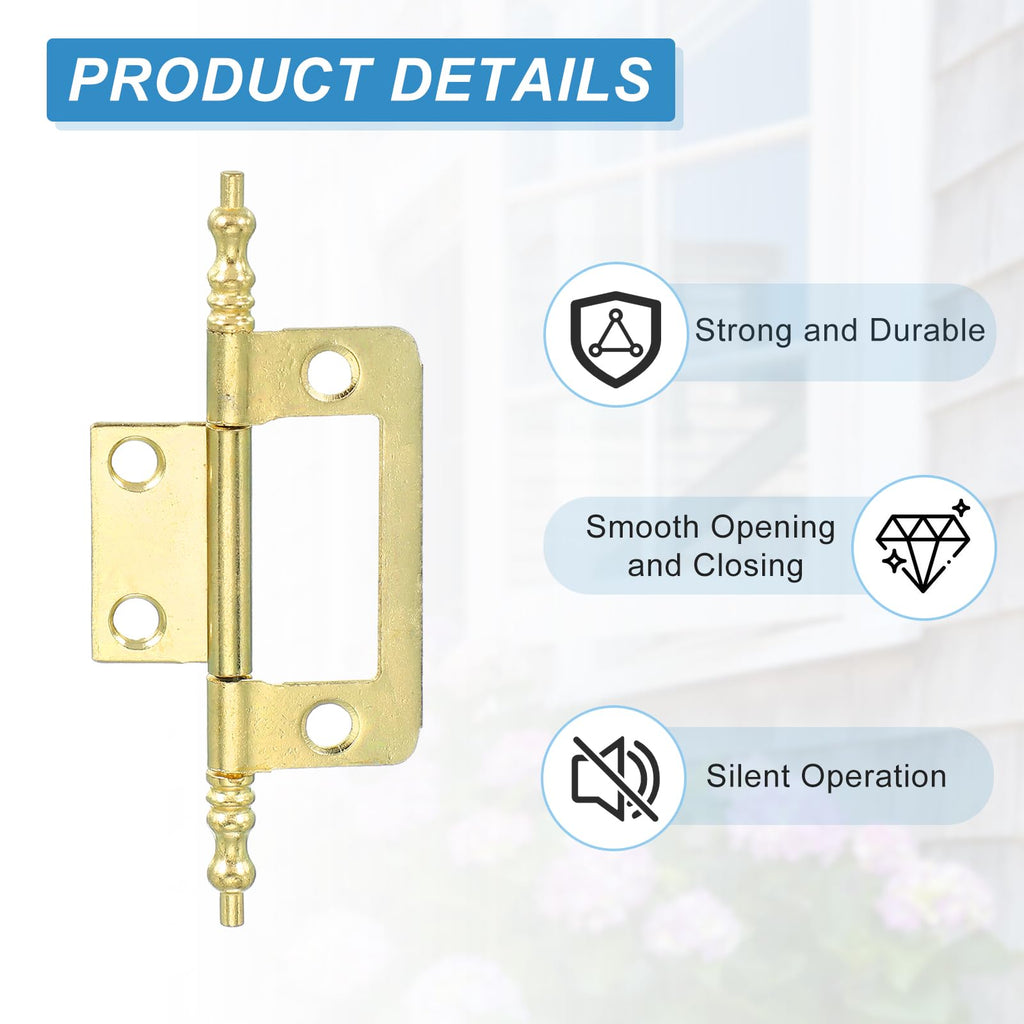 Non-Mortise Door Hinges, 2" x 1" Heavy Duty Steel Flush Cabinet Hinges, Gold, Classic, Pack of 4