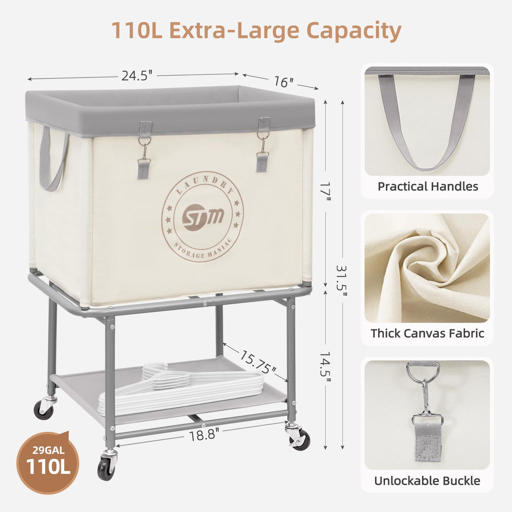 Rolling Laundry Cart with Storage Shelf, Beige