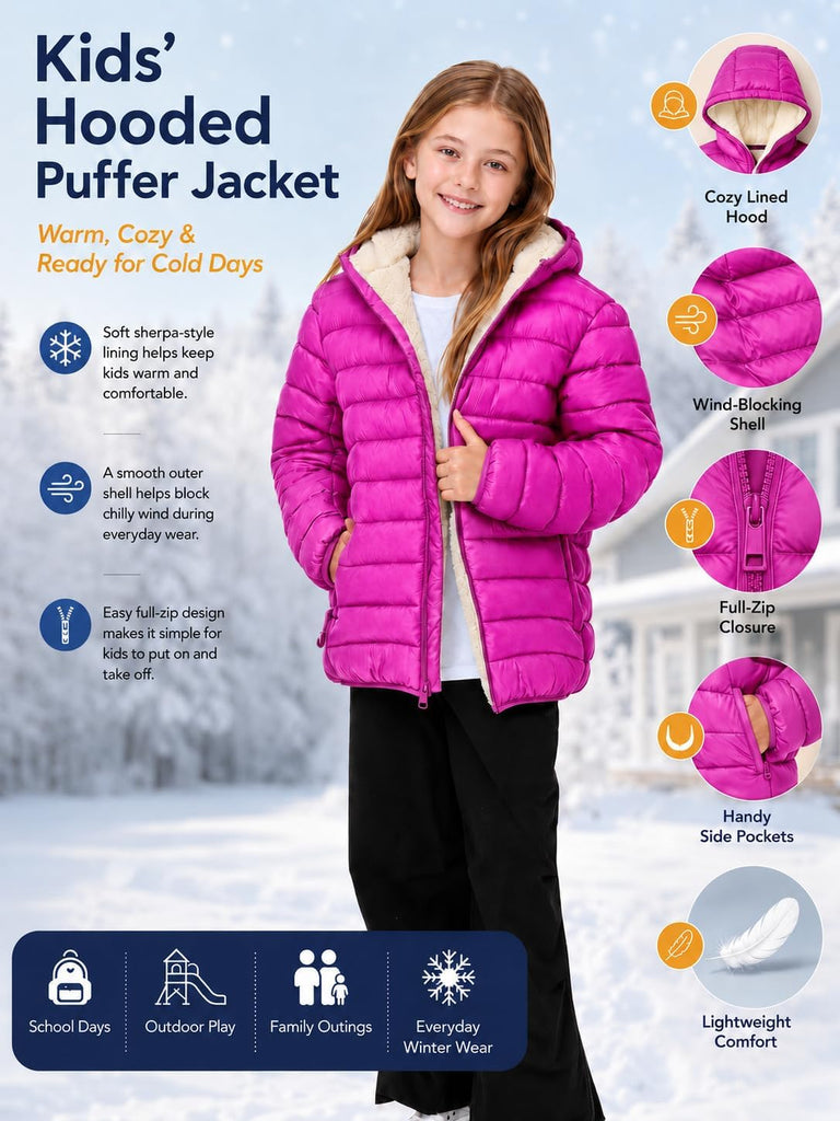 Girls Hooded Winter Coats Sherpa Fleece Lined Puffer Jacket