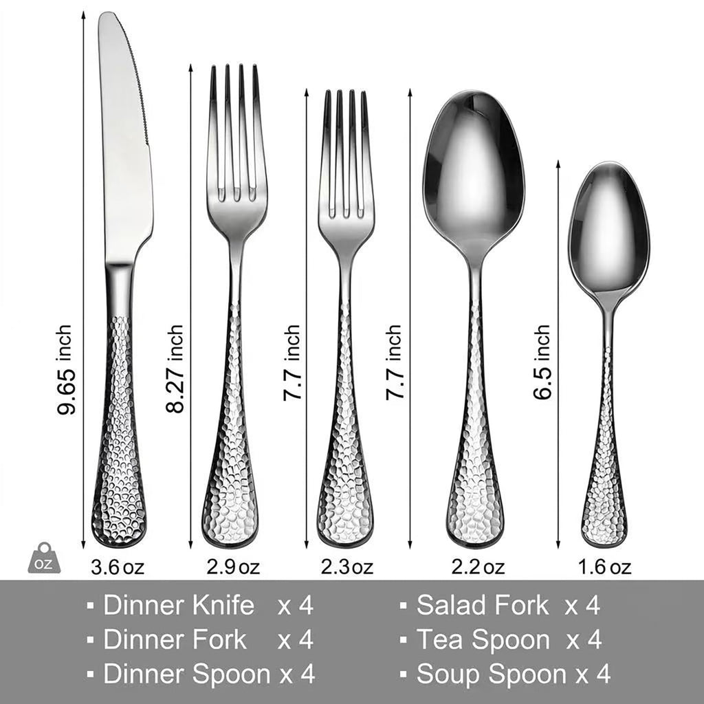 Premium 20 Piece Hammered Silverware Set with Smooth Edge, 18/10 Stainless Steel, Service for 4, Fine Flatware Set