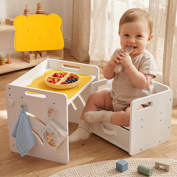 Kids Table and Chair Set with Storage Box & Table Mat - Adjustable Toddler Weaning Table, Wood Kids Furniture for 1-3
