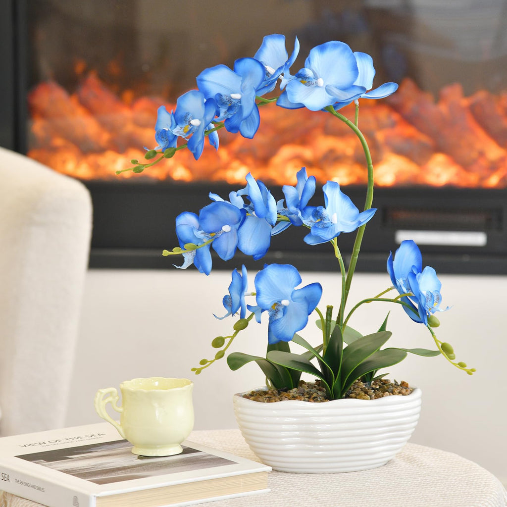 Large Silk Orchid in Wave Pot 19" Phalaenopsis Centerpiece for Table, Blue