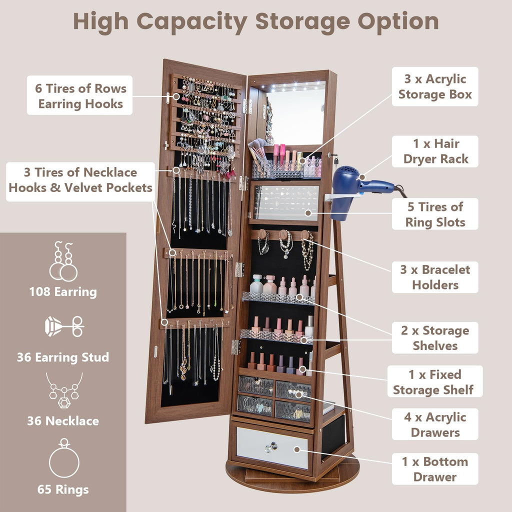 360 Rotating Jewelry Cabinet with Full Length Mirror, Standing LED Jewelry Armoire, Lockable Organizer with Hair