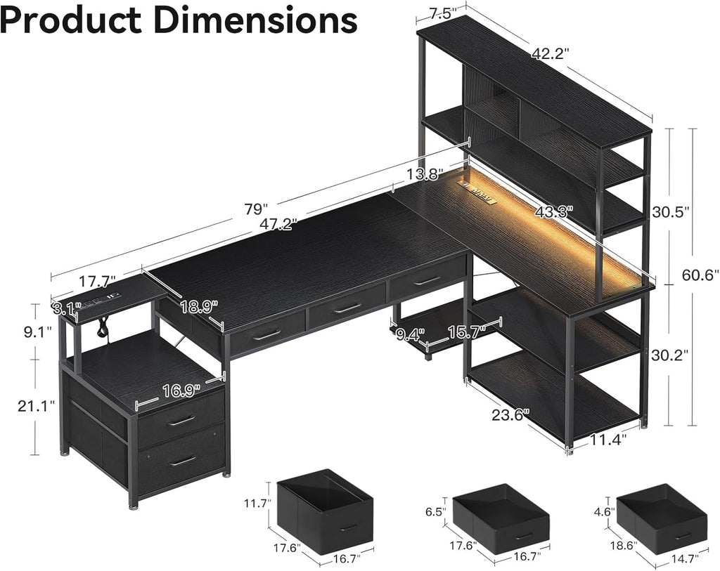 79 inch L Shaped Desk with 5 Drawers, LED Light & 2 Power Outlets | Reversible Black L Shaped Gaming Desk, Computer