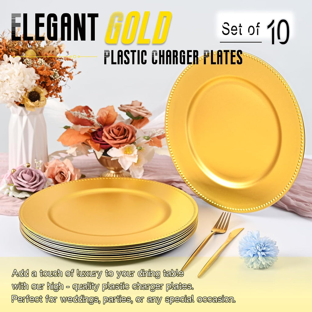 Gold Charger Plates Bulk Wedding - 13" Premium Gold Chargers for Dinner Plates, Decorative Charger Plates - Set of 10