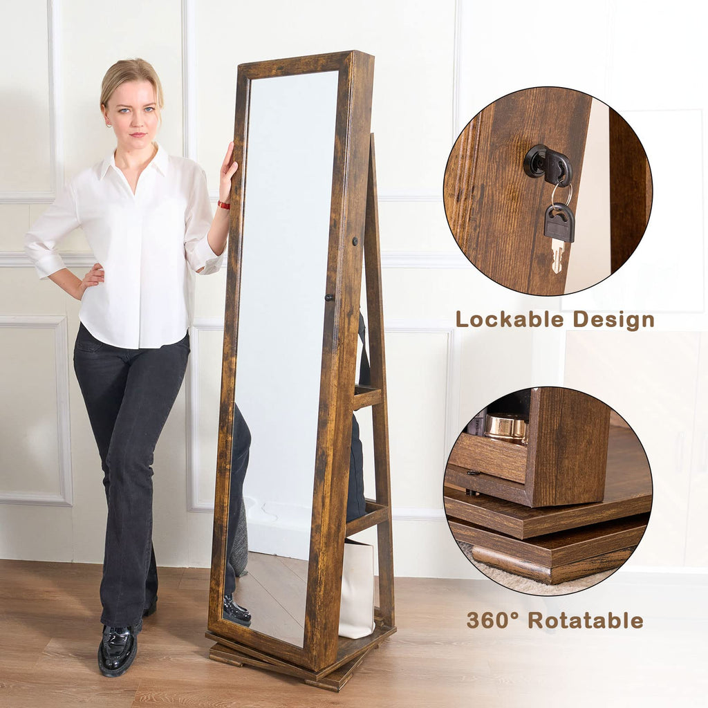 Mirror Jewelry Cabinet Standing, 360° Swivel Mirror with Storage Full Length with Jewelry Storage, Jewelry Organizers