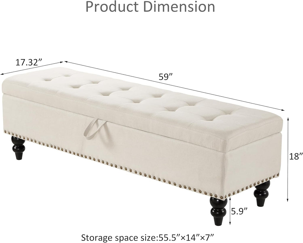 59" Long Storage Ottoman Bench for King Bed End,Linen Upholstered Benches with Storage,Mid Century Modern Bench