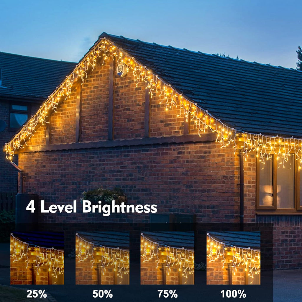 Warm White Christmas Icicle String Lights - 65.6 FT with 120 Drops, 8 Light Modes for Outdoor Decorations - Wedding