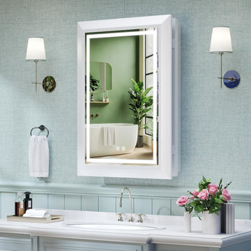 20"x28" White Medicine Cabinet with Lights, Bathroom Mirror with Storage, Dimming 3 Lighting Colors, Fast Defogging