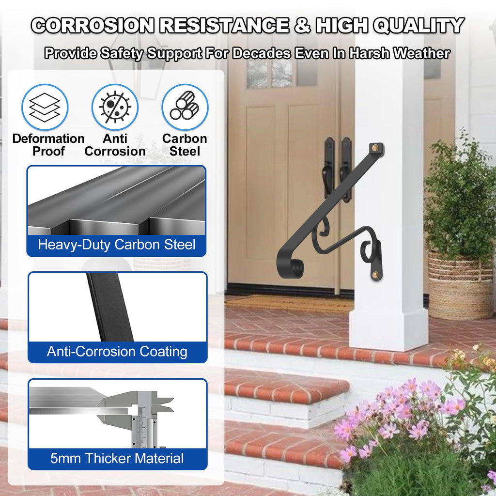 21.7" Outdoor Stair Handrails, 1-2 Steps Stairs Rails-Wall Mounted Wrought Iron Hand Railing-Staircase Grab Rail-Heavy