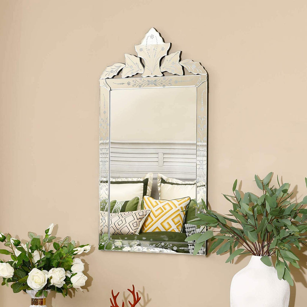 Bathroom Vanity Decorative Mirrors for Wall Decor 42" x 24" Venetian Wall Mirror with Floral Etched Design Crown Top
