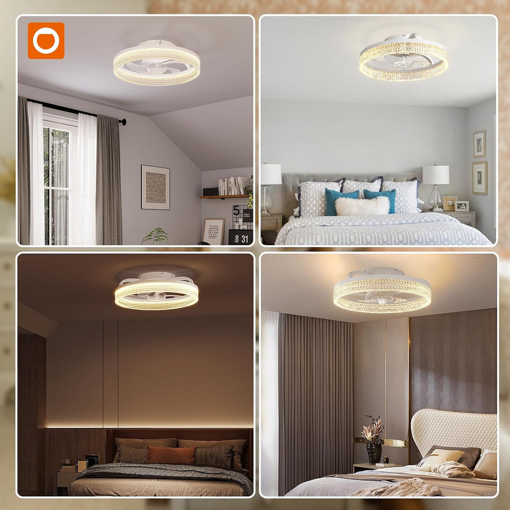 Modern Ceiling Fans with Lights and Remote, Flush Mount, 20 Inch Bladeless Ceiling Fan with Light, Low Profile Ceiling Fan, Reversible, 3CCT, Dimmable, Quiet, Ceiling Fans for Bedroom, White A101-B0DNB15FVY