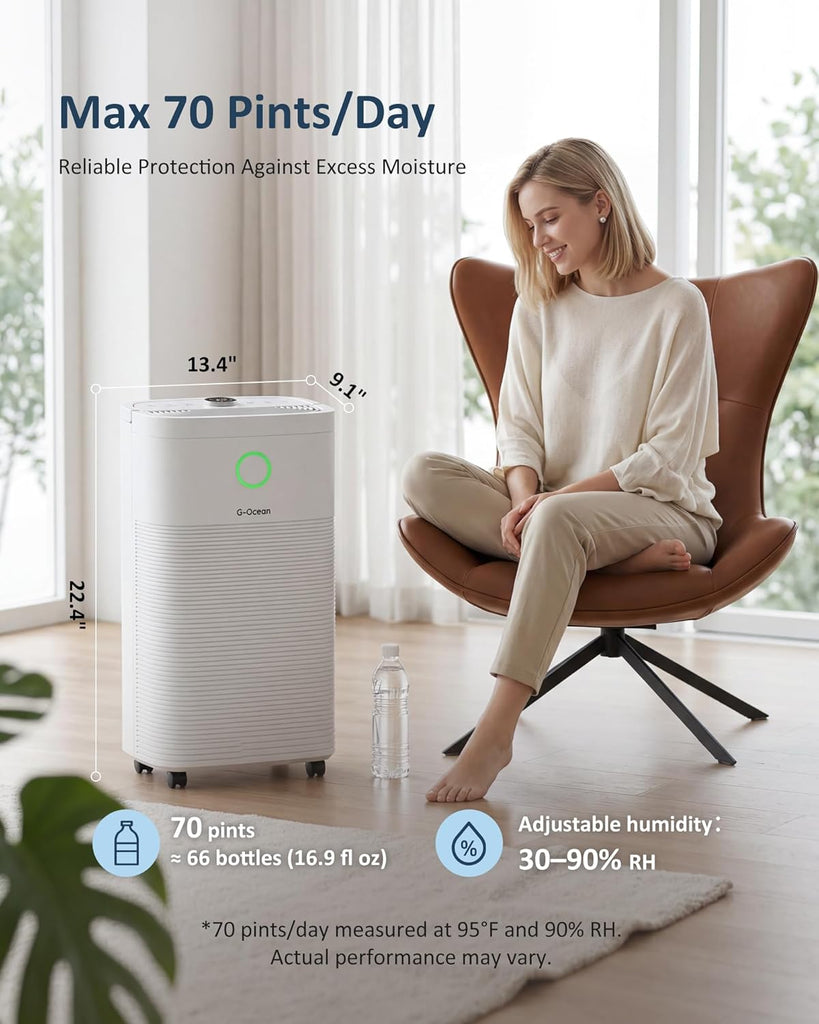 70 Pint/Day Compressor Dehumidifier for Home up to 4,000 Sq.Ft, Dehumidifier with Drain Hose, Humidity Control