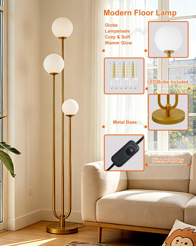 63IN Gold Floor Lamp Dimmable 3-Lights Globe LED Floor Lamps with 3000K Soft Warm White for Wedding/Party Tall Lamp