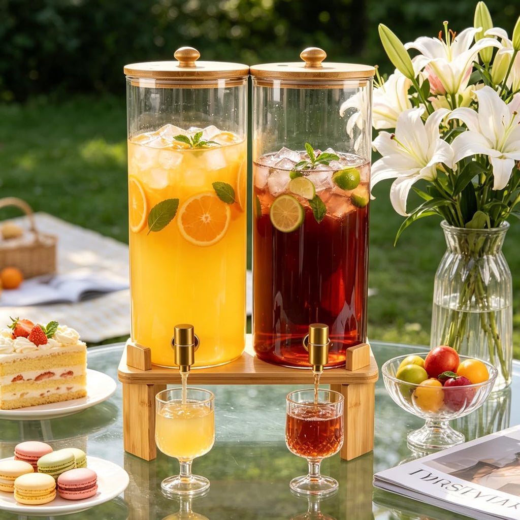 Gallon (4 gallon) Beverage Dispenser With Bamboo Wood Stand,Large Glass Drink Dispenser for Parties,Large - Set of 2