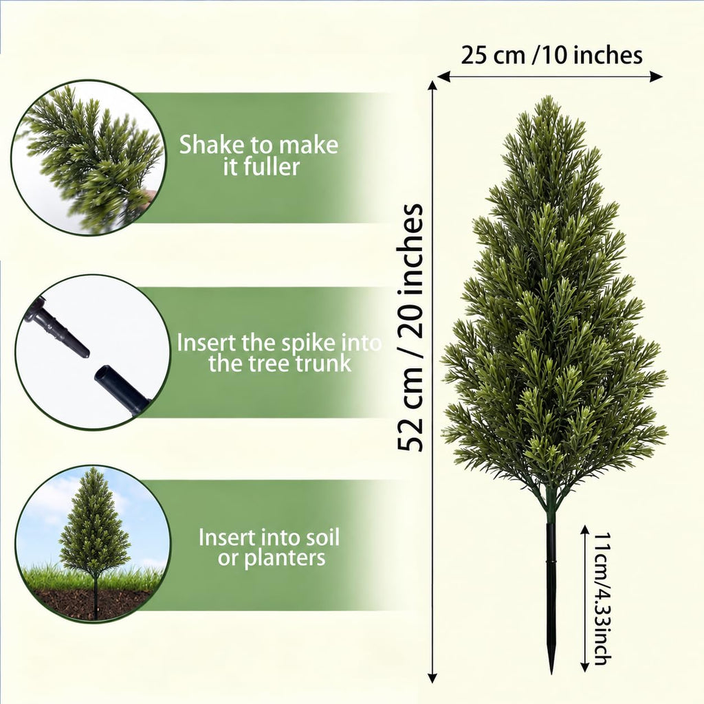 4 Pack Artificial Cedar Topiary Trees Plants Outdoor, 20" Faux Evergreen Pine Shrubs & Fake Bushes with Spikes, UV