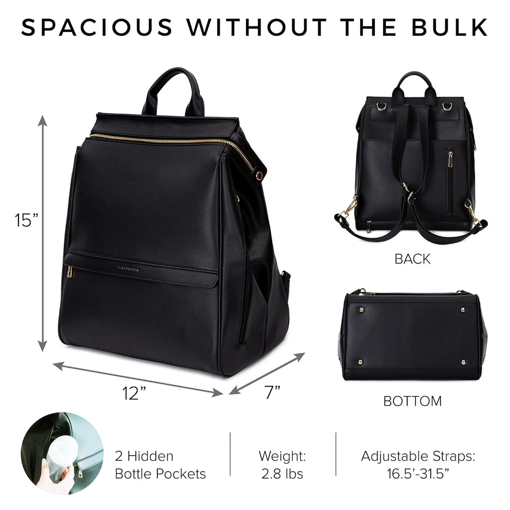 Leather Diaper Bag Backpack with USB Charging port, Changing Pad, Stroller Straps, and Bottle Holder (Black Sophia)