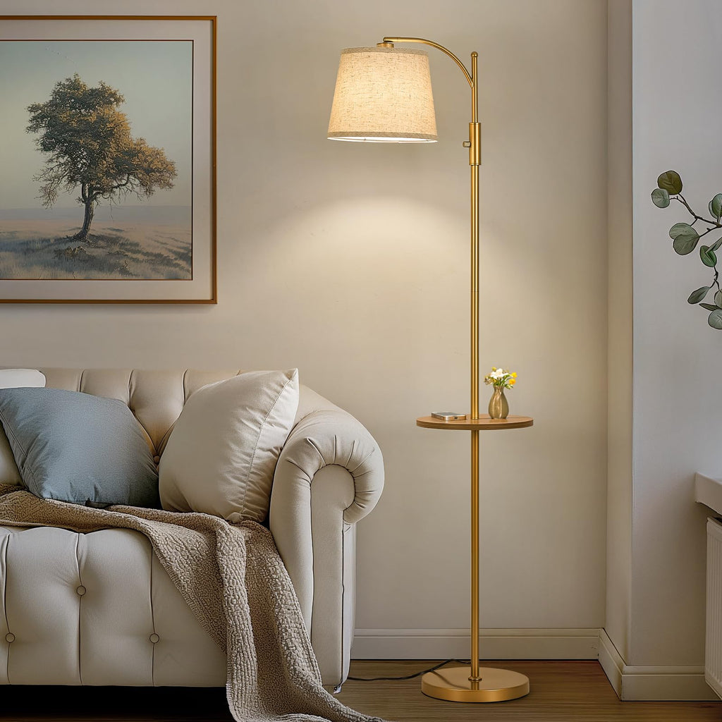 Golden Floor Lamp with Table, Dimmable Standing Lamp, Living Room