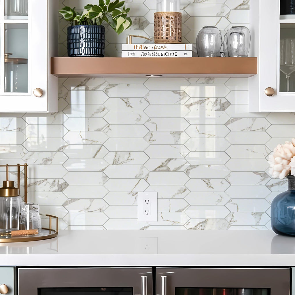 Glossy White Marble with Gold Veining Backsplash Tile Peel and Stick, 12.8 x 12.8 Inch 10 Sheets Long Hexagon PVC