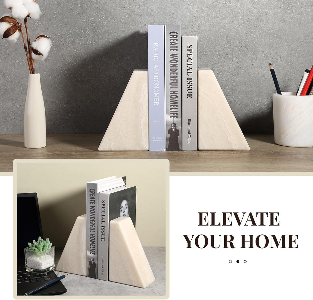 Marble Bookends for Shelves, Large Bookends for Heavy Books, Non-Slip 7Lbs Stone Book Ends for CD/Movies, Modern