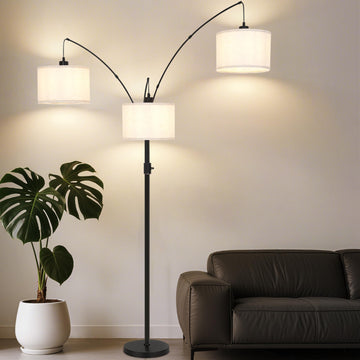 Dimmable Arc Floor Lamp-3 Lights Floor Lamps, Modern Tall Standing Lamp with Beige Drum Shades&Heavy Base, Mid Century