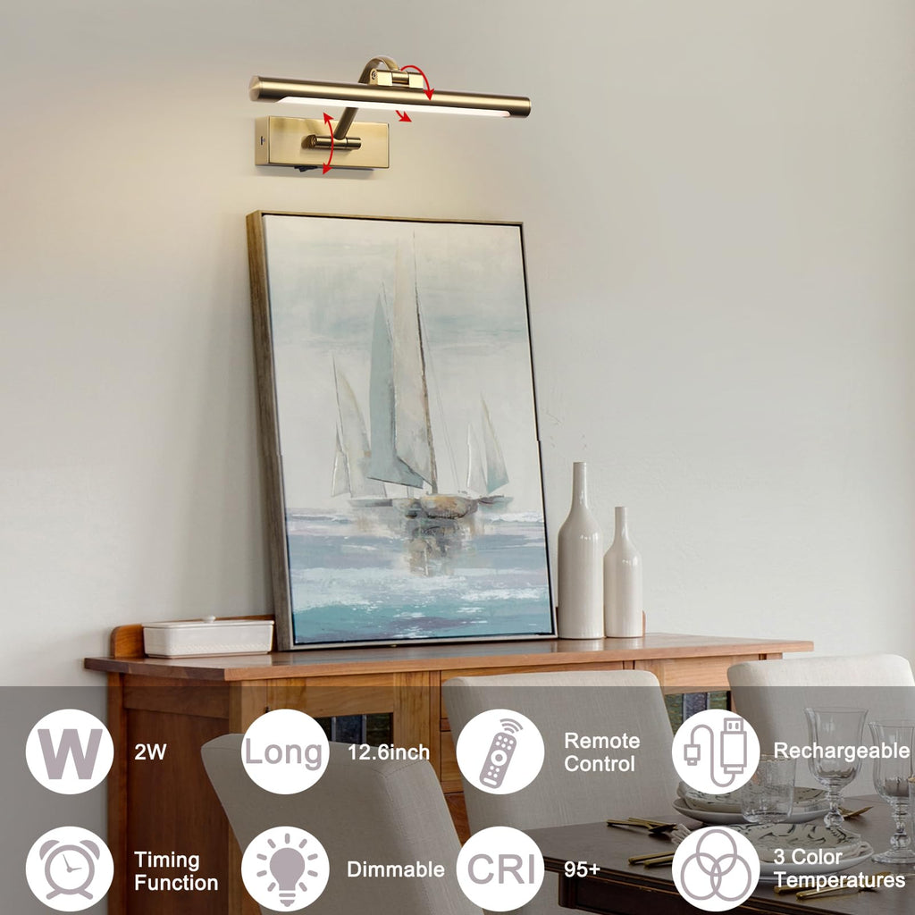 12.6 inch LED Wireless Picture Lights for Wall Rechargeable, Battery Operated Art Light for Paintings, 3CCT Dimmable