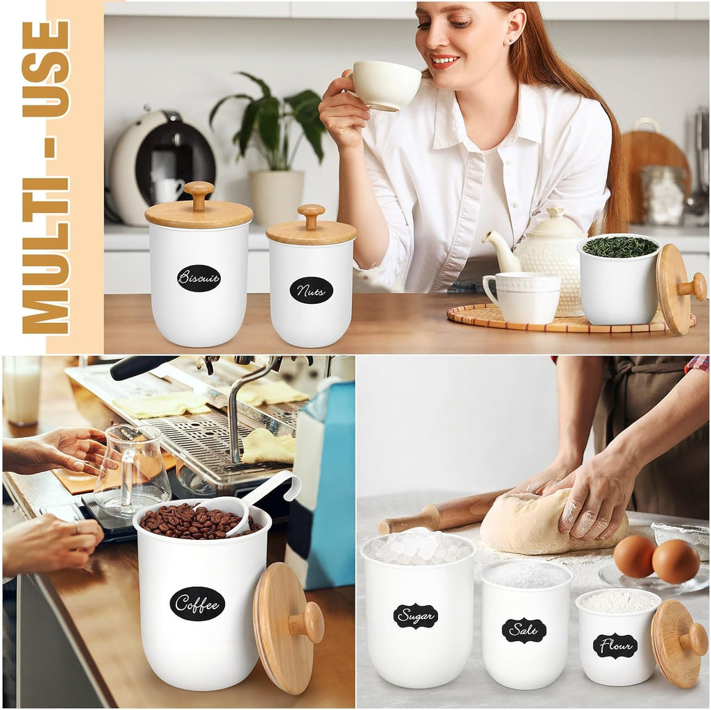 Metal Kitchen Canisters for Countertop Sugar Flour Canisters Set with Airtight Bamboo Lids Kitchen Jars - Set of 3