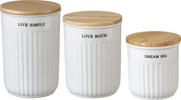 Modern Farmhouse Nesting Kitchen Canister Jars with Wood Airtight Lids, White Stoneware Rustic Contemporary Continer