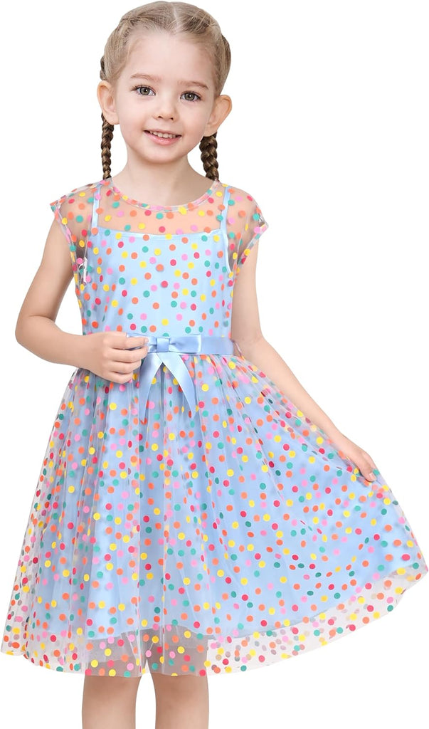 Sleeveless Belted Rainbow Polka Dots Party Tulle Cami Dress