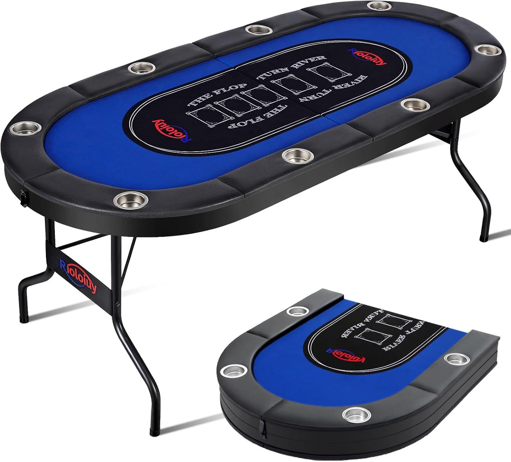 8 Player Poker Table Foldable, Texas Holdem Casino Table with Padded Rails & Cup Holders, Portable Folding Game Table