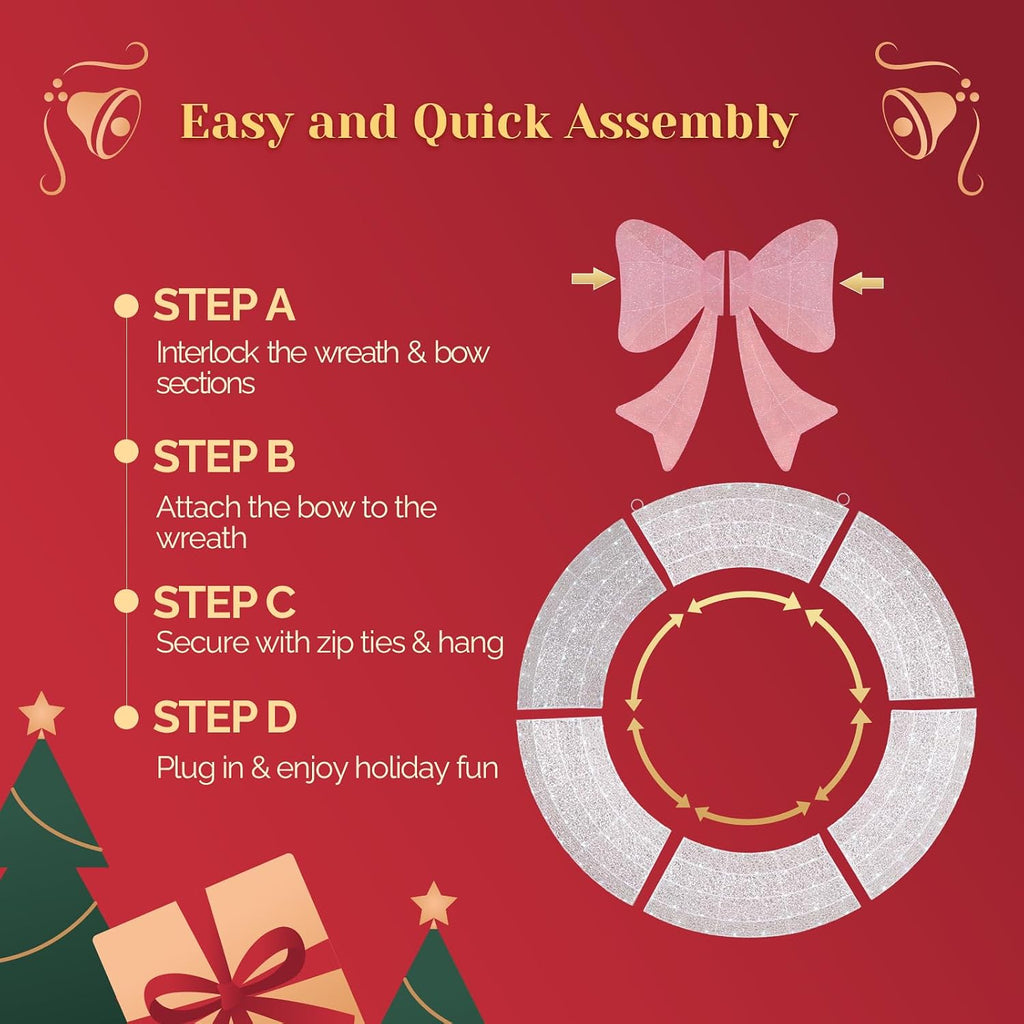 60IN Prelit Outdoor Christmas Wreath Decoration, Large Silver Lighted Metal Front Door Garland with Pink Bow, 280 RGB