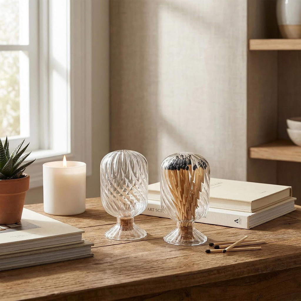 Transparent Helix Glass Match Cloche, Decorative Match Holder Jar, Stylish Matches in a Jar for Candles & Fireplace