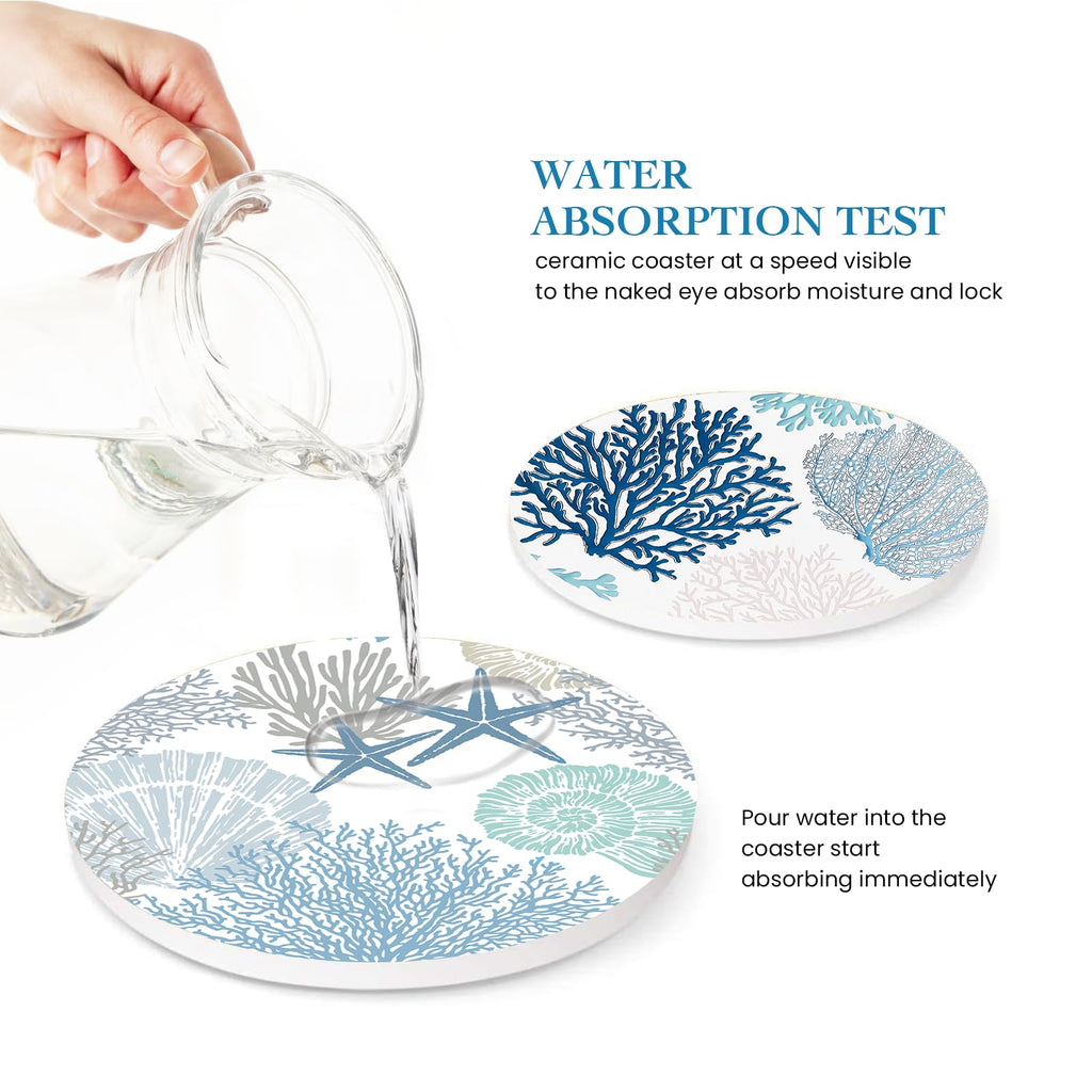 Nautical Coastal Coasters for Drinks Set of 6, Round Absorbent Ceramic Stone Coaster with Metal Holder Stand, Beach