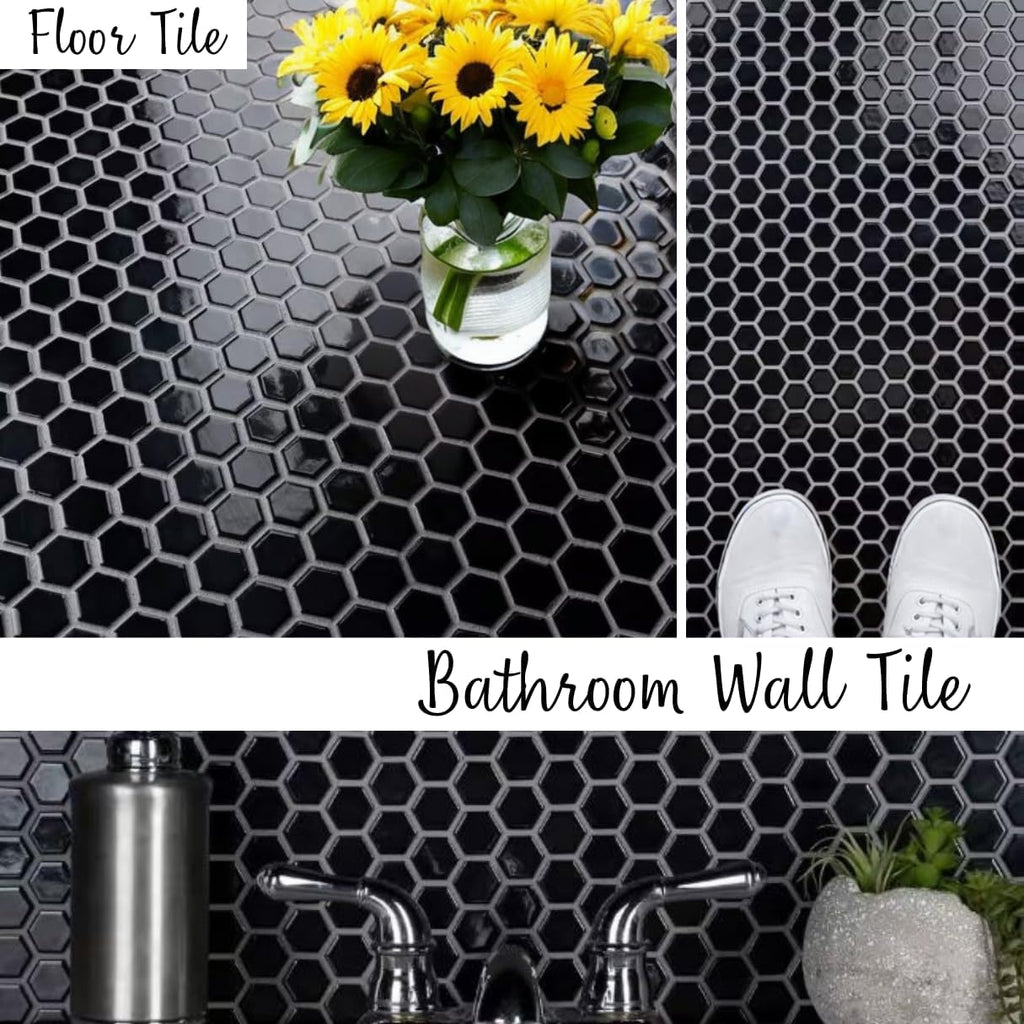Hexagon 1x1 Porcelain Mosaic Shiny Finish Floor Wall Tile Backsplash Glossy 1 inch Shower, Accent Decor, Fireplace