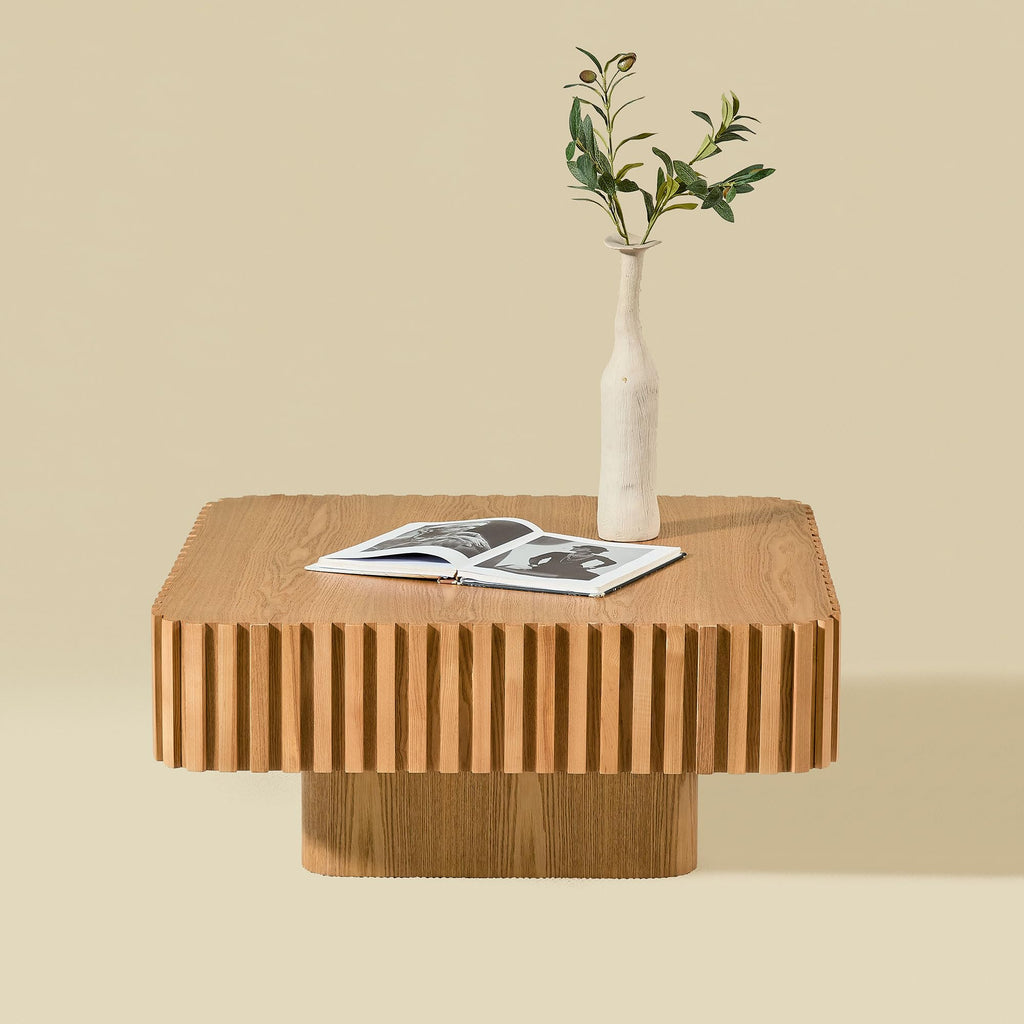 31.5" Square with Sturdy Base, Modern Luxury Wood Drum Center Table Accent End Side Table, Minimalist Fluted Design