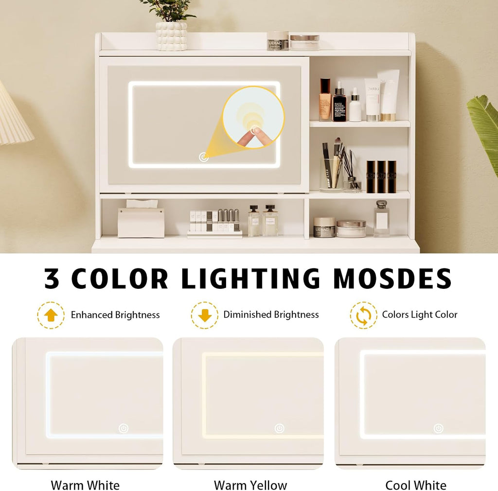 Vanity Desk with a Mirror and Lights,with Chair and Four Drawers, Three Adjustable Lighting Modes,with Power Outlet