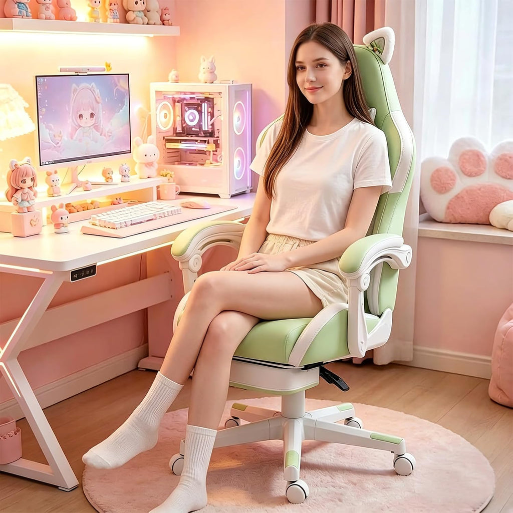 Cute Cat Ears Gaming Chair for Women Girls - Ergonomic PU Leather Office Chair with Footrest cat paw Pillow, 360°