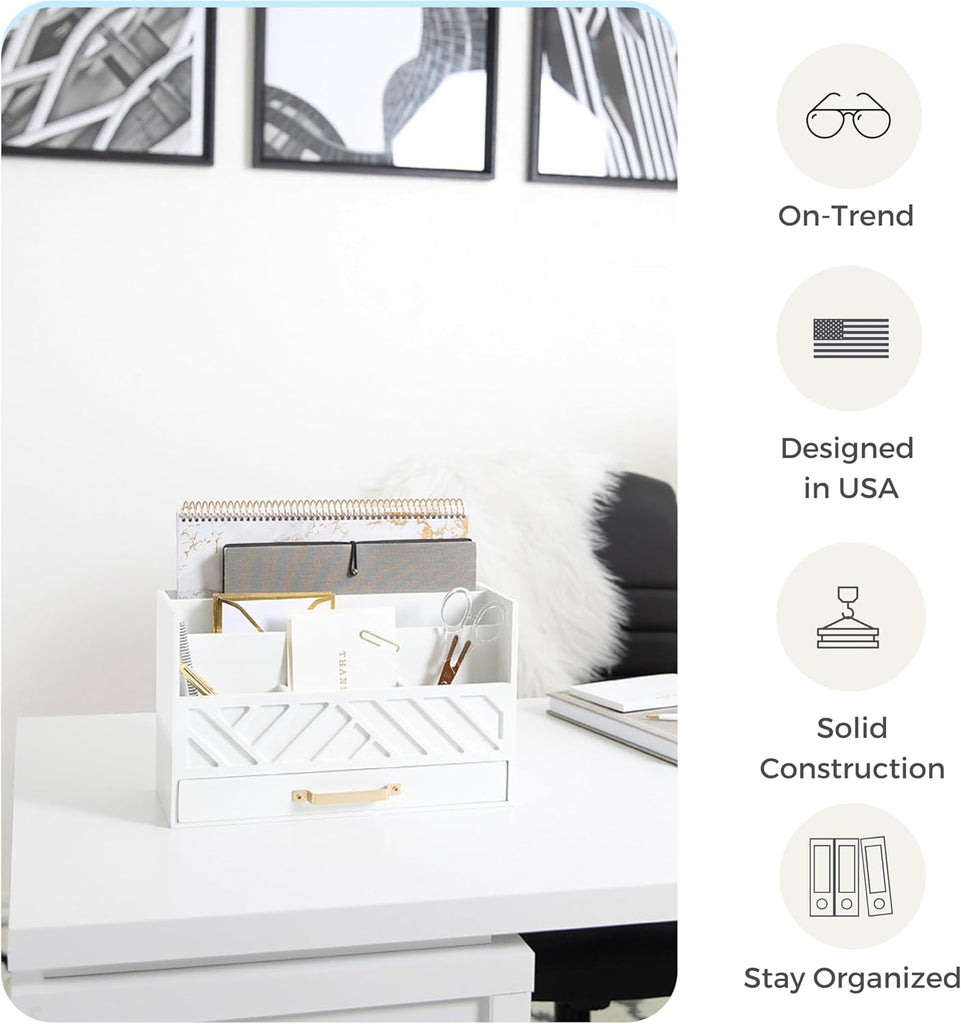 White Wooden Desk Organizer & Mail Organizer with Drawer & Gold Handle | Mail Sorter Countertop | 6 Compartments |