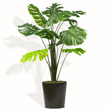 Artificial Plant, 3ft Faux Monstera Plant in Black Metal Pot, Real Wood Trunk Large Fake Indoor Corner Plant