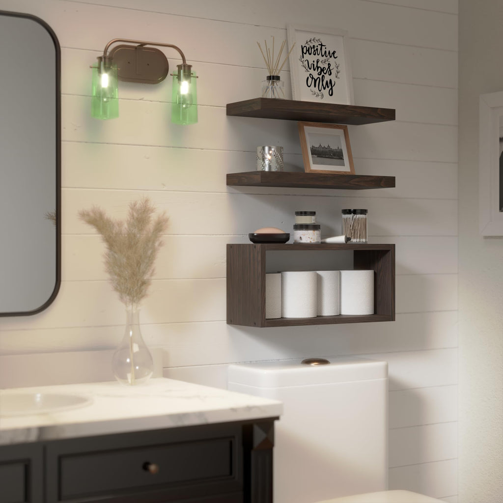 3-Set Walnut Floating Wall Shelves, Bathroom Shelf Over Toilet