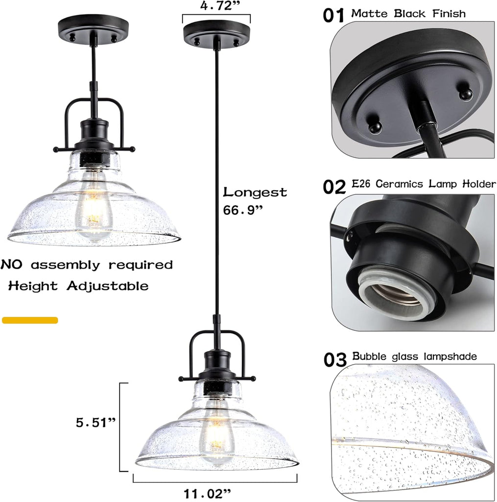 Glass Pendant Light，Black Pendant Light Fixtures with Seeded Glass Shade, Adjustable Height Hanging Lights for