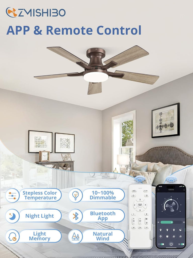 42 Inch Ceiling Fan with Light, App&Remote Control, Flush Mount Low Profile, Dimmable 20W LED Light, Quiet Reversible Motor for Bedroom, Living Room, Apartment, Brown A101-B0F8B5N8ZD